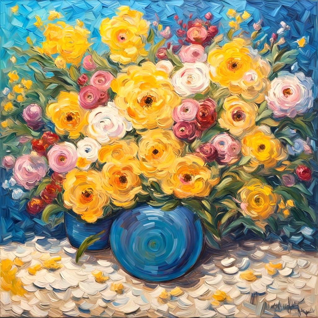 Floral Sign in Impasto Style with Bold Colors