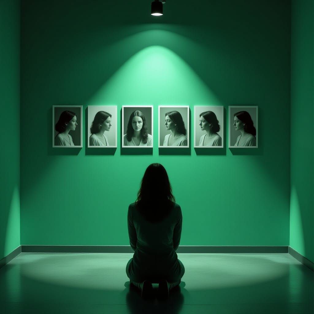 Woman Kneels Before Self-Portraits in Moody Chiaroscuro Styl...