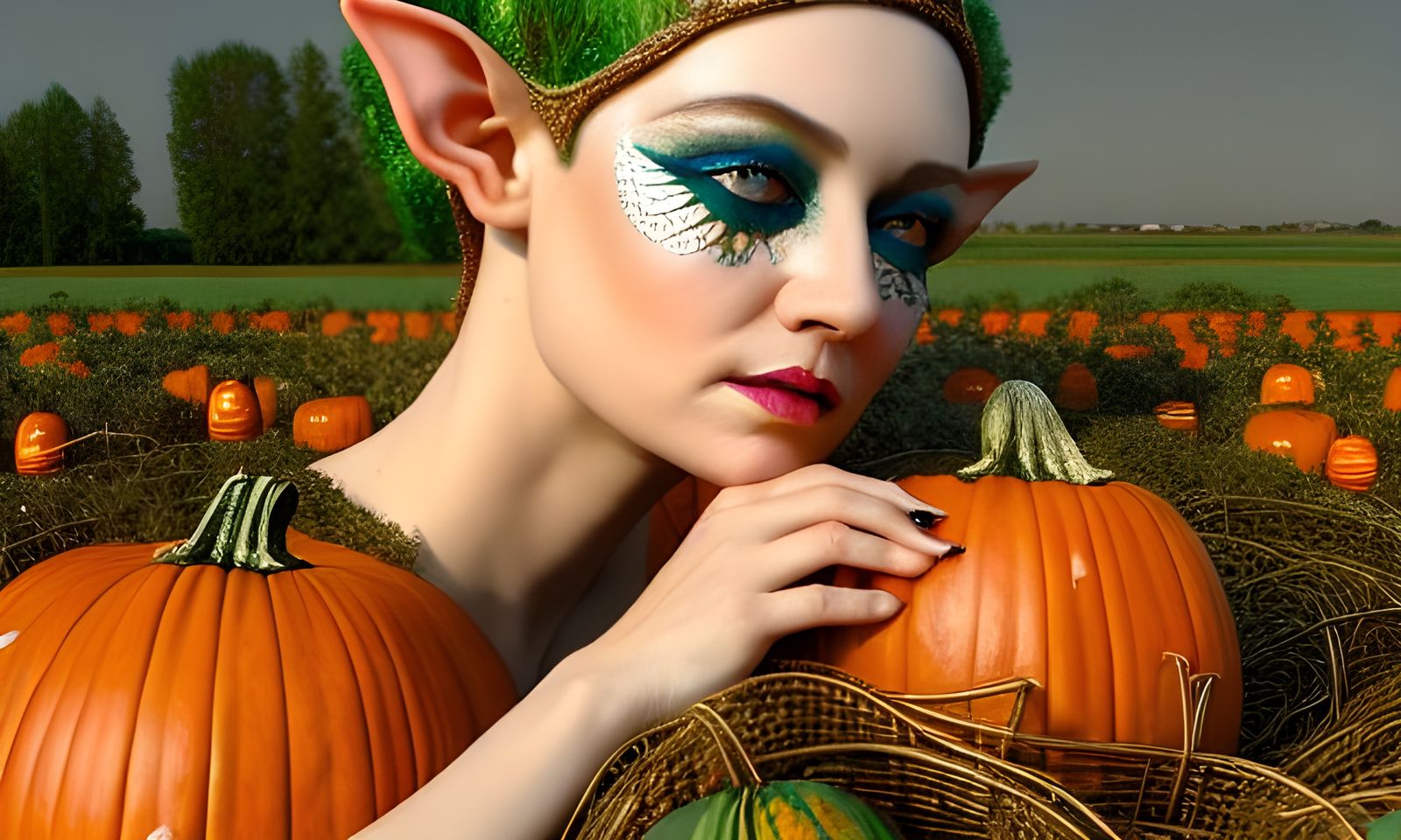Elf in Pumpkin Patch, Photo-Realistic Painting