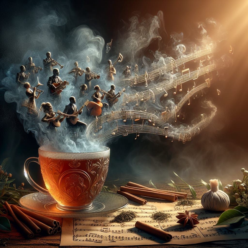 Steam Band Plays Around Teacup, Oil Painting