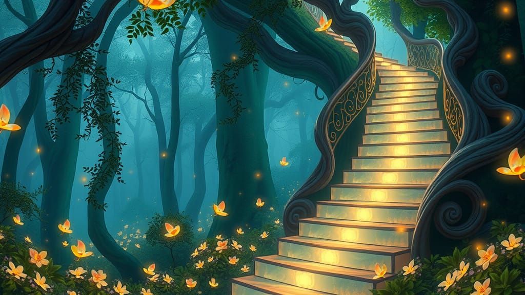 Ethereal Crystal Stairway Ascends to Dreamlike Treehouse
