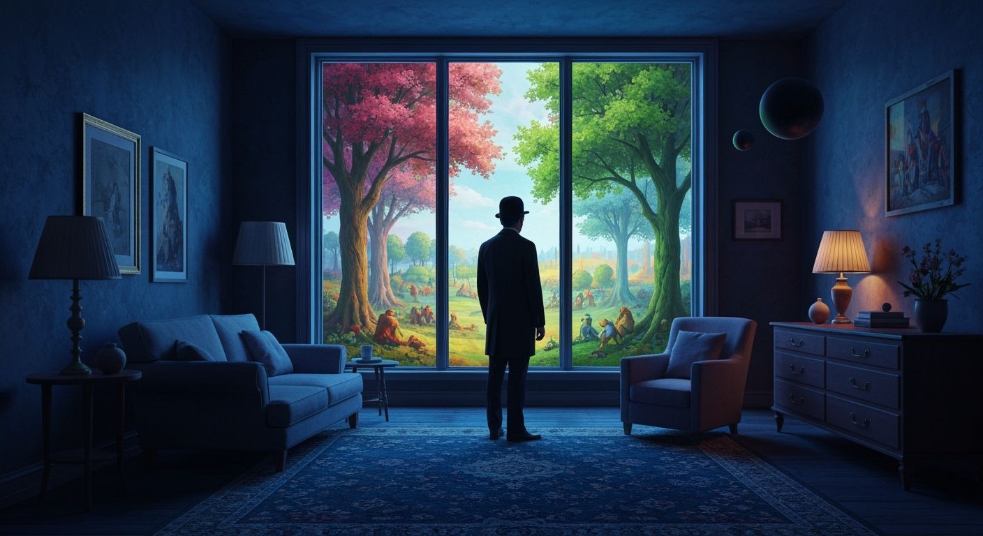 Man in Bowler Hat in Cosmic Living Room, Surreal Forest View