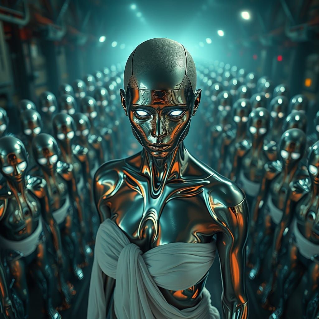 Dystopian Factory Goddess with Chrome Skin and Radiant Eyes