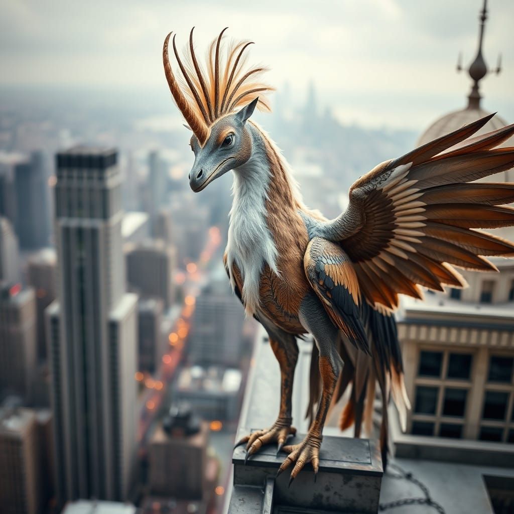Retrofuturistic Hybrid Beast Sits atop Art Deco Skyscraper