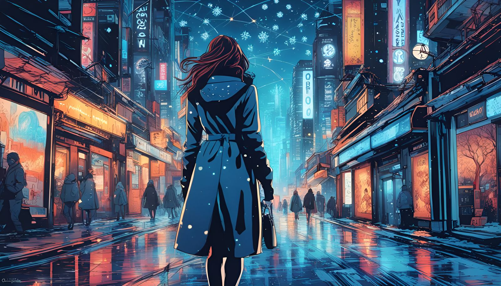 Bioluminescent Tokyo Winter City Line Art