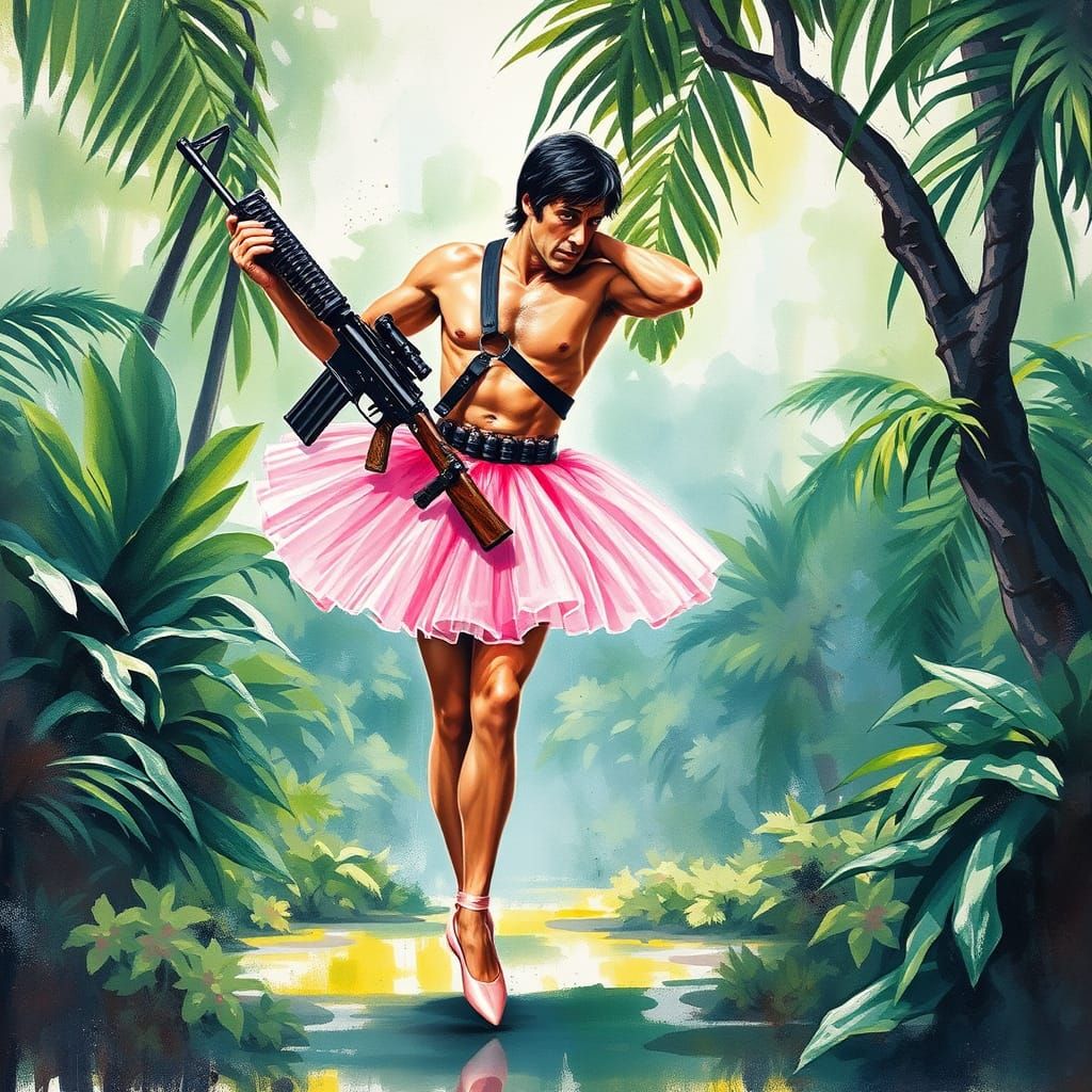 Sylvester Stallone as Rambo in Ballerina Tutu Dancing in Jun...
