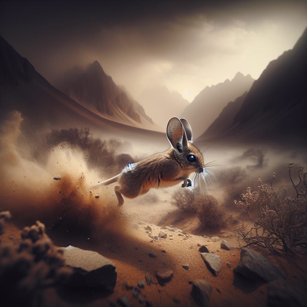Long-Eared Jerboa Leaps Across Arid Desert