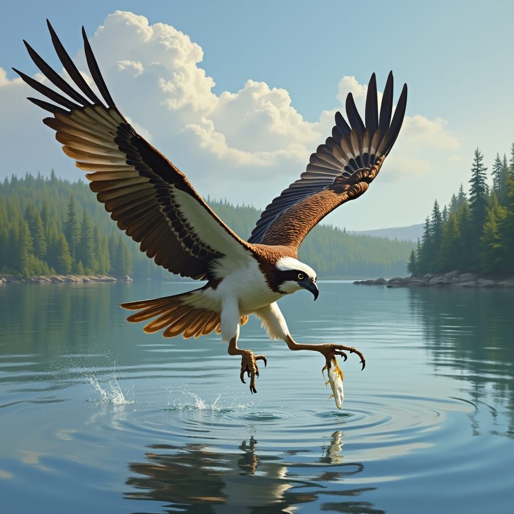 Osprey Soars Over Serene Lake with Fresh Catch in Cyberpunk-...