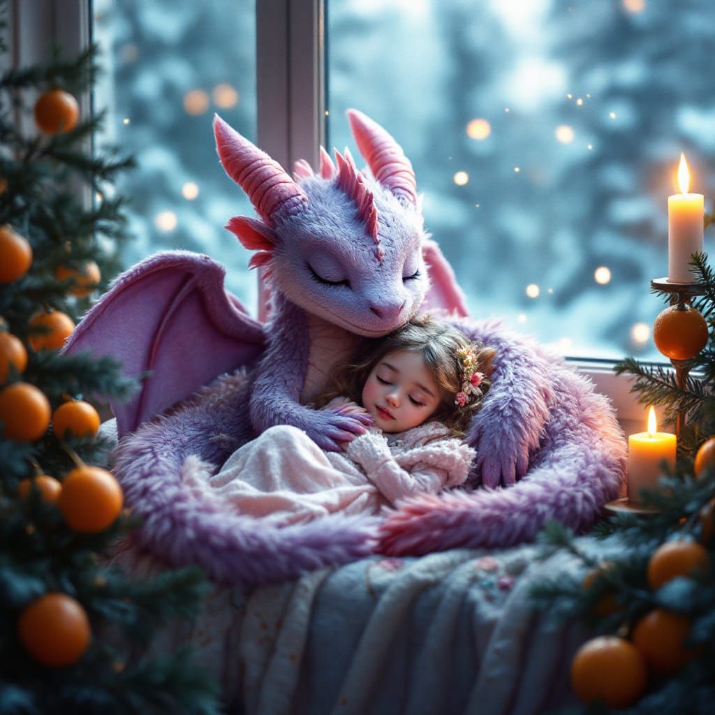 Fluffy Lavender Dragon Protects Princess in Winter Wonderlan...