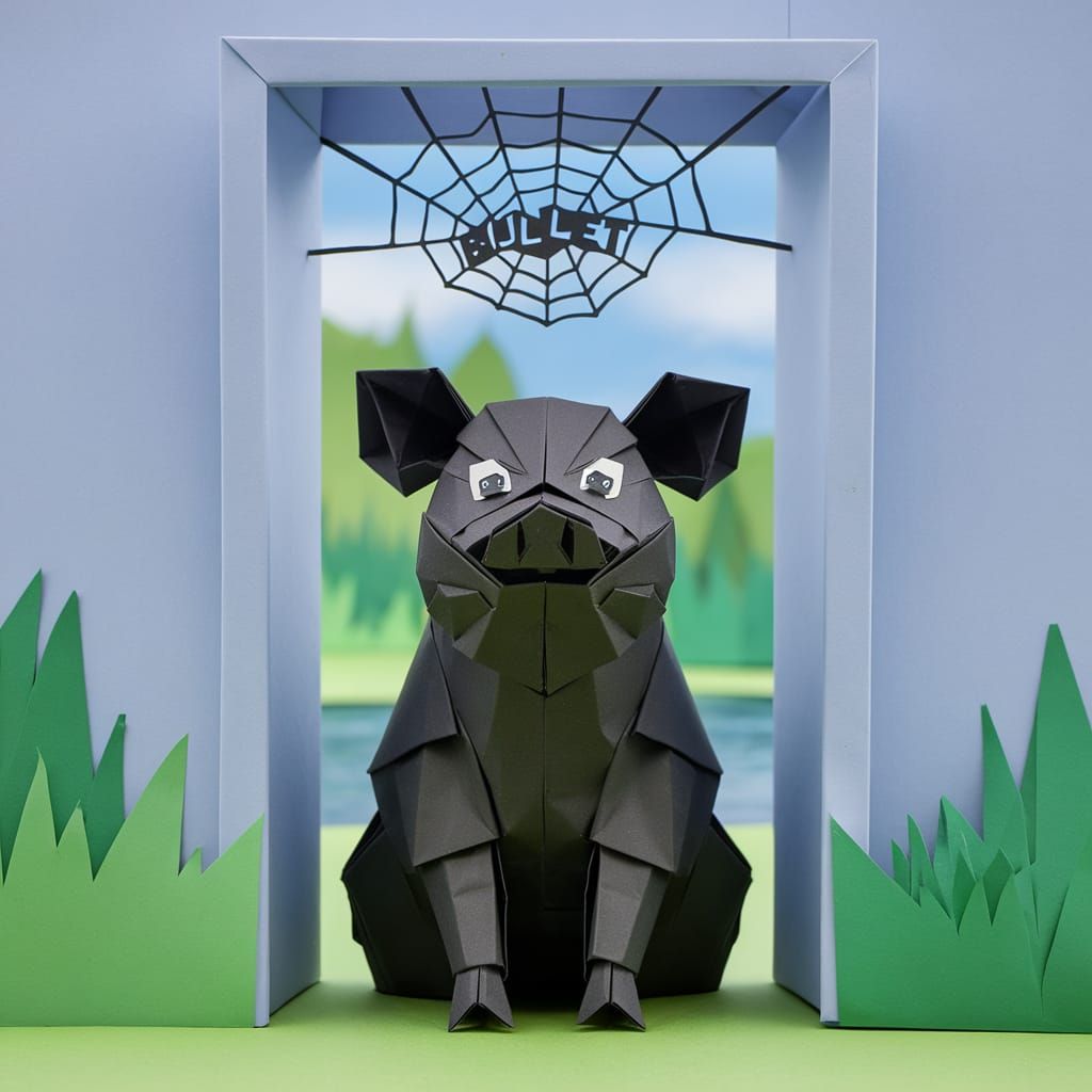 Origami Black Pig in Doorway Papercraft