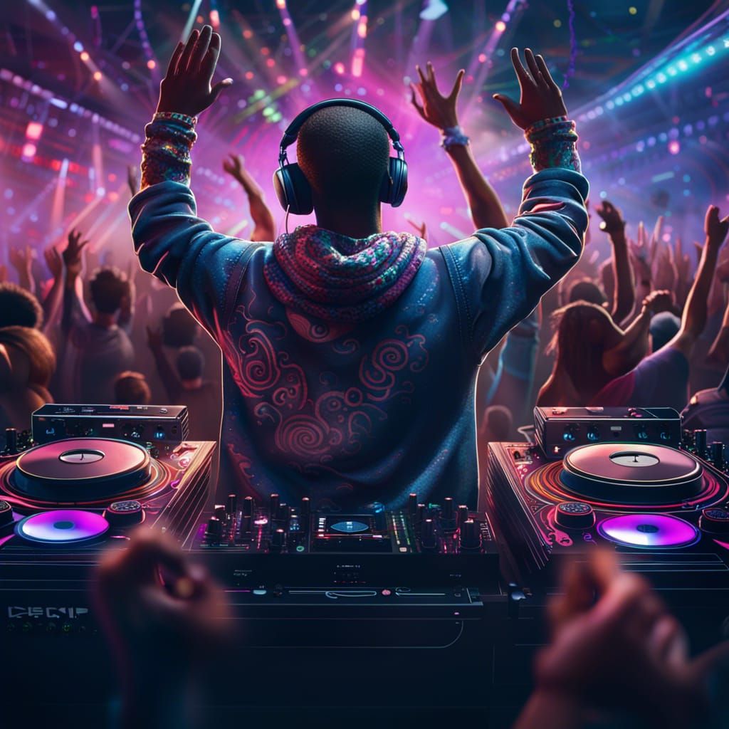 DJ at Rave with Dancing Crowd in Neon Style