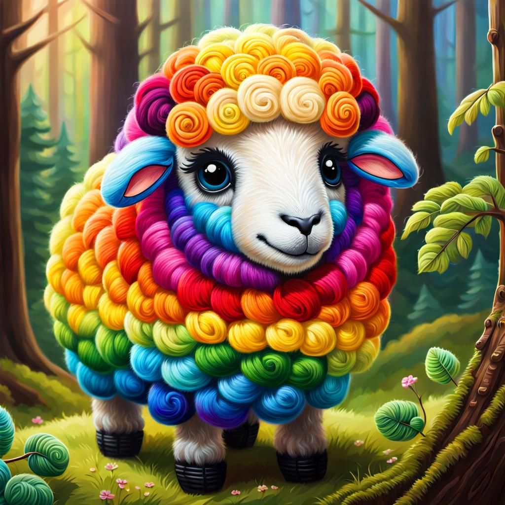 Adorable Rainbow Wool Sheep in Oil Painting