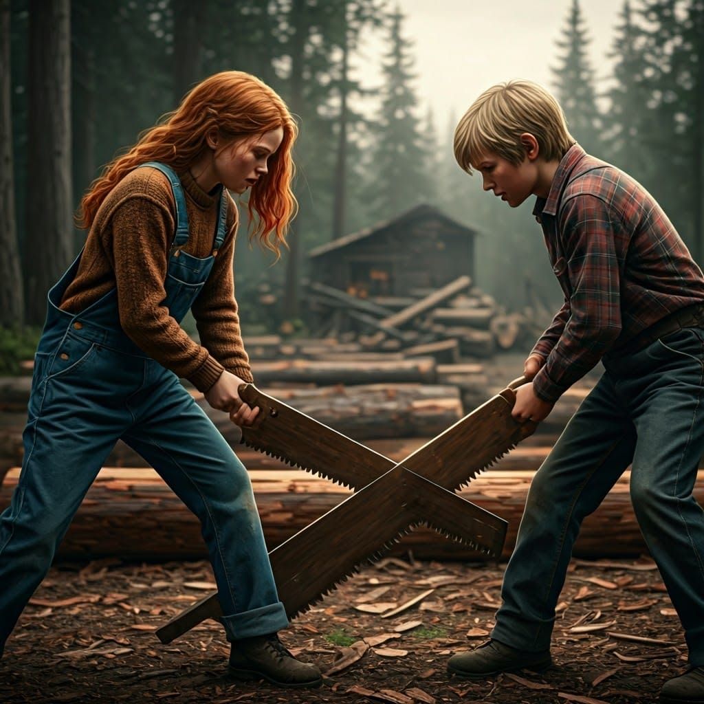 Children Logging with Crosscut Saw in Americana Style