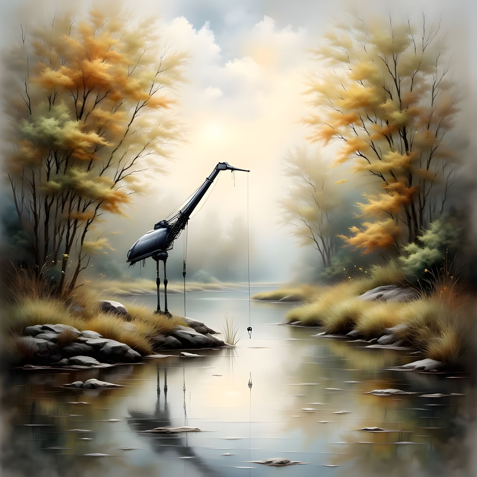 Crane Fishing in River, Antique Watercolor Style
