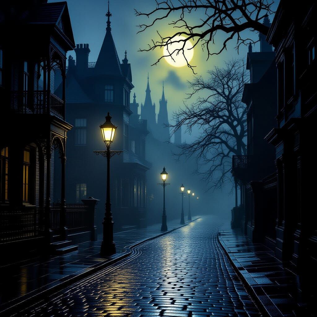 Gothic Noir Street Scene in Black, Purple & Yellow