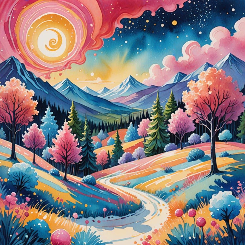 Vibrant Candyland Wonderland in Whimsical Gouache Style