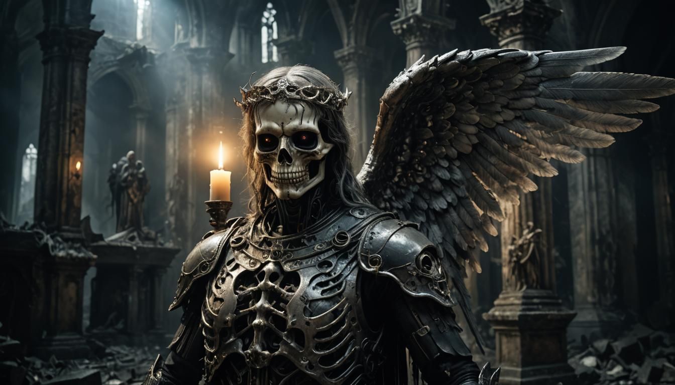 Dark Fantasy Angel with Skull Face in Ruined Church