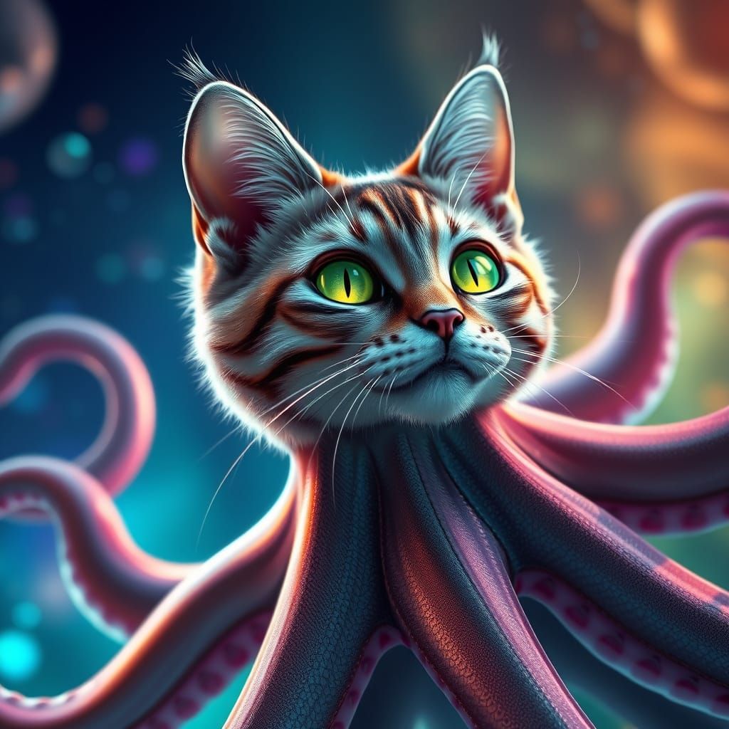 Mesmerizing Felinoctopus with Iridescent Fur and Glowing Eye...