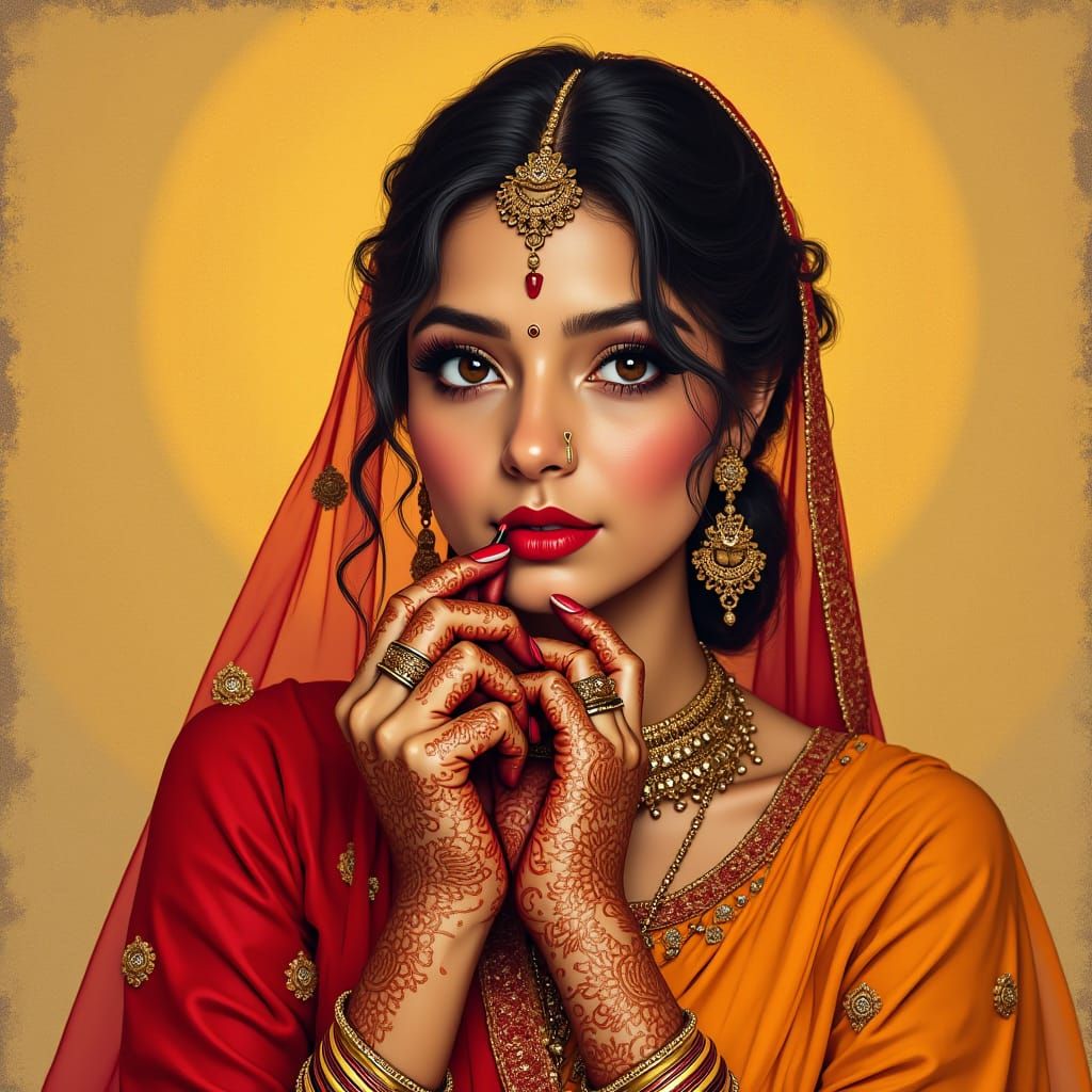 Indian Girl Applying Lipstick in Raja Ravi Varma Style
