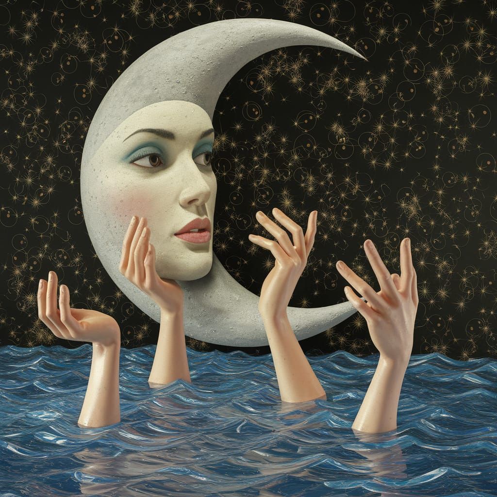 Woman Moon Kisses the Sea in Surreal Oil Painting