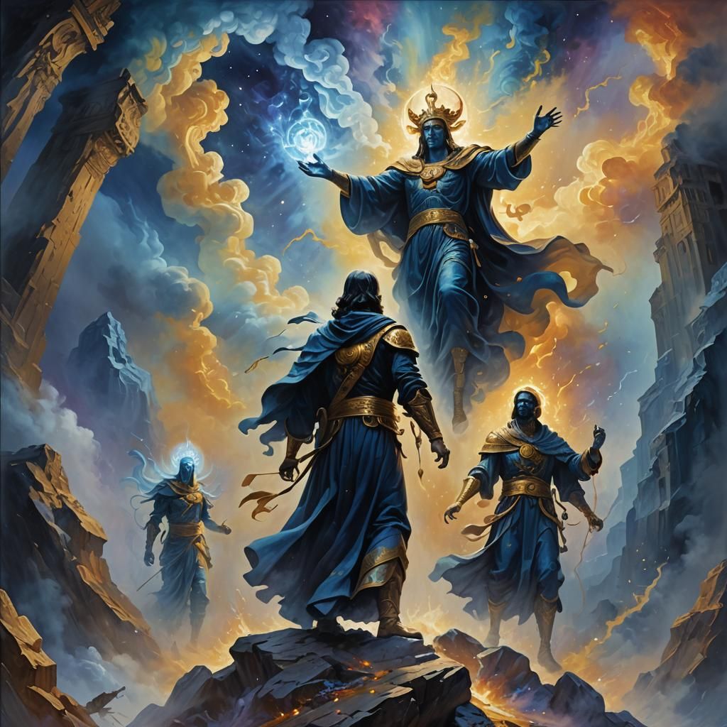 Figures Infiltrating World of Gods in Surreal Style