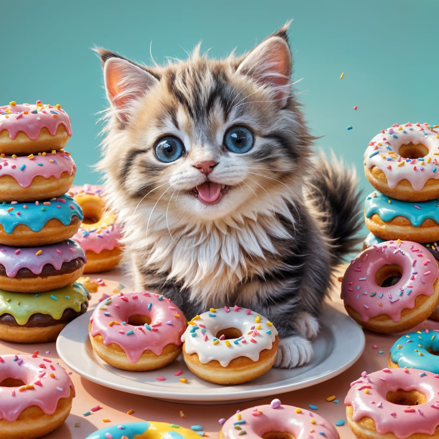 Cute Kitten with Donuts in Colorful Pastries