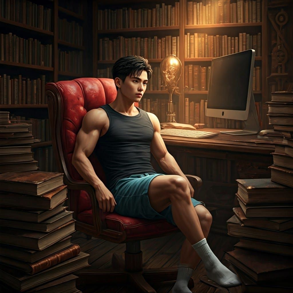 Asian Man Contemplating in Old Library, Concept Art