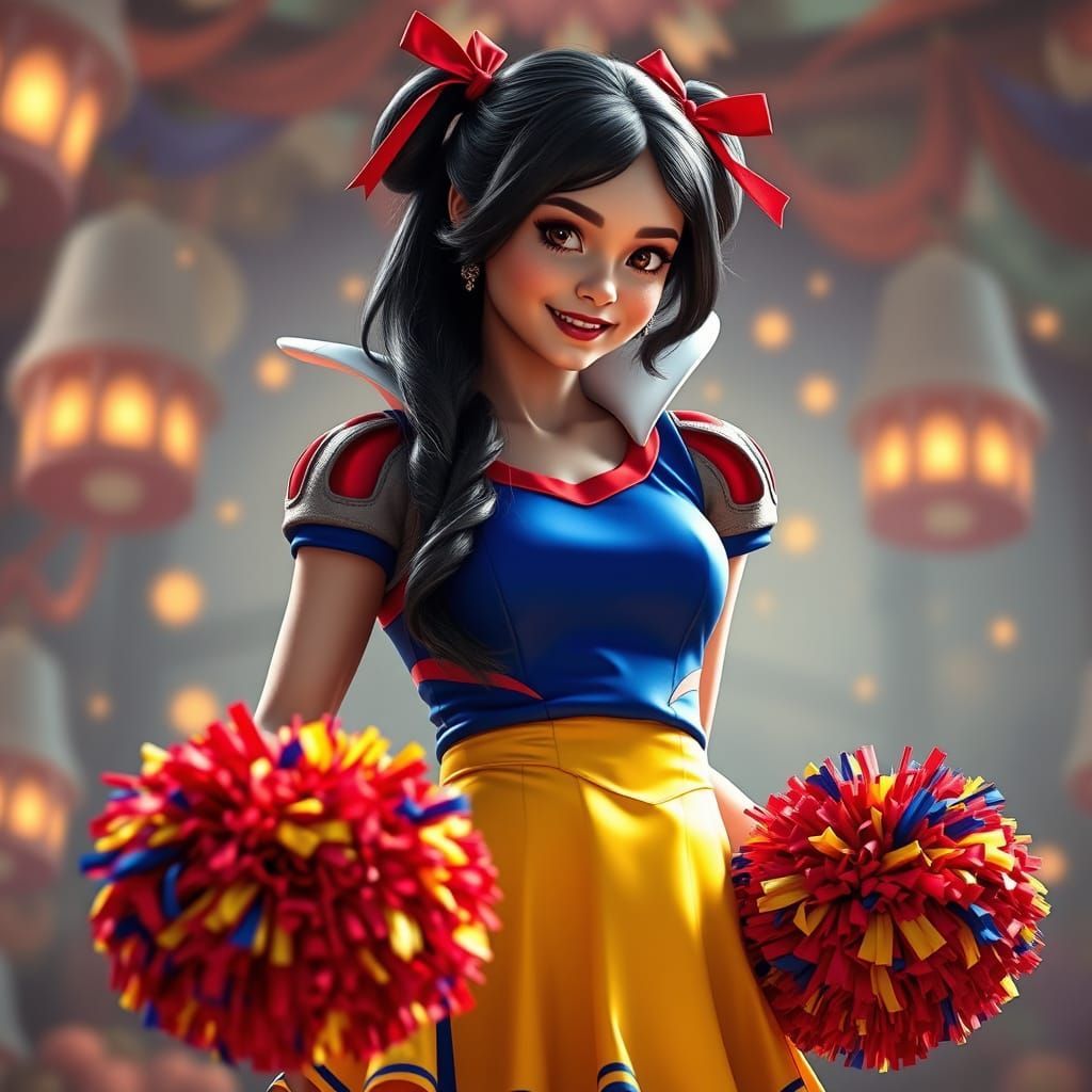 Radiant Snow White Cheerleader in Epic Fantasy Landscape
