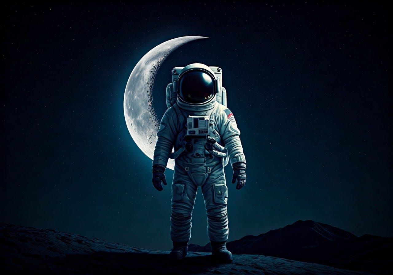 Astronaut Transformed into Dreamlike Lunar Form in Dark Nigh...