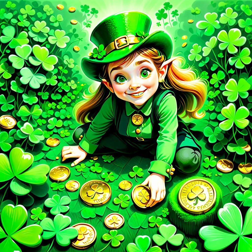 Female Leprechaun collecting gold coins from clover field