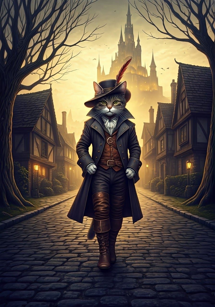 Fantasy Cat in Elegant Boots Strolls Through Whimsical Villa...