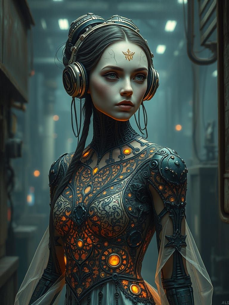 Android Woman in Dystopian Factory