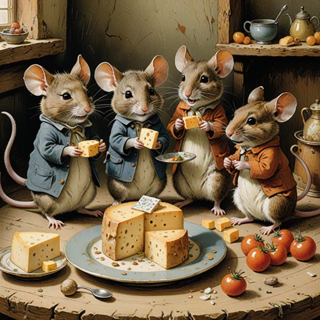 Whimsical Mice Feast in Artistic Still Life
