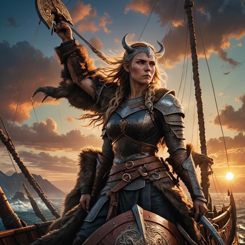 Viking Woman on Longship: Vibrant Fantasy Art