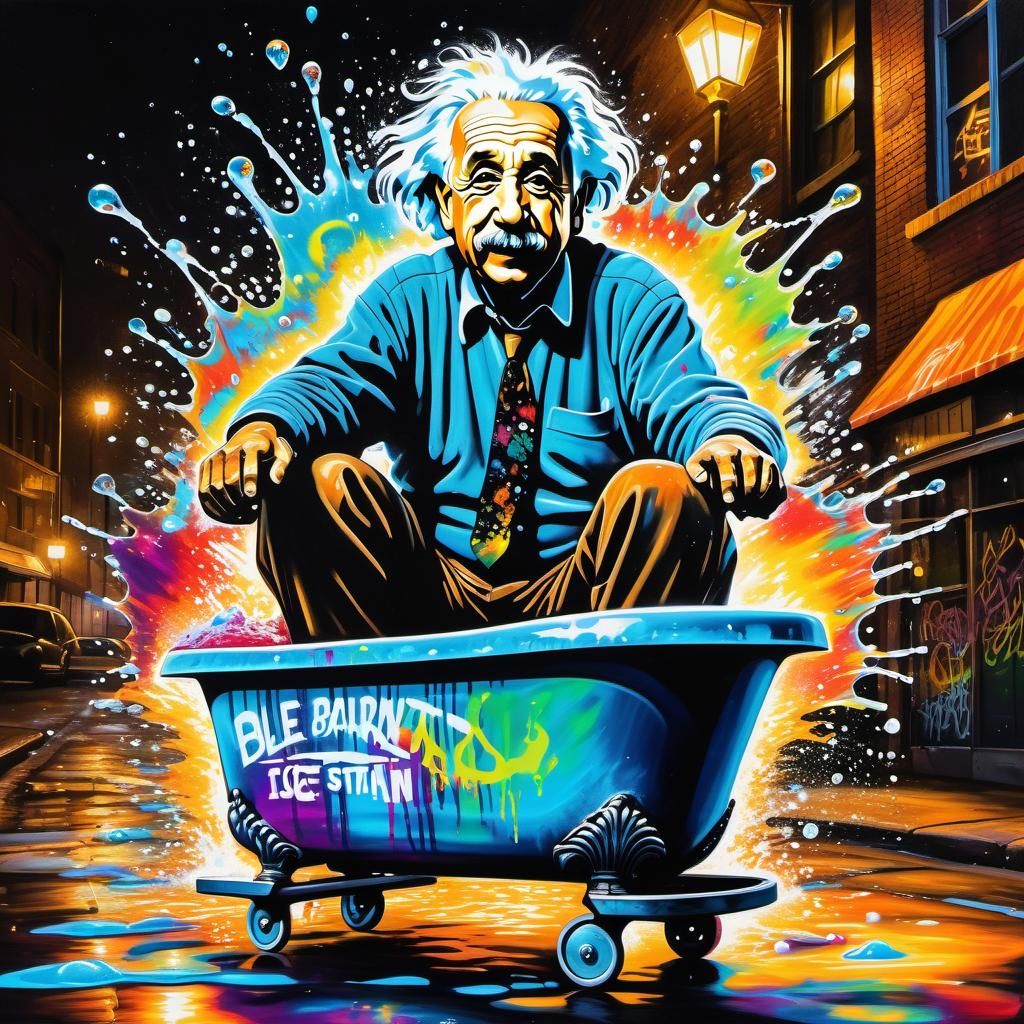 Einstein Ice Skating in Bathtub Graffiti Art