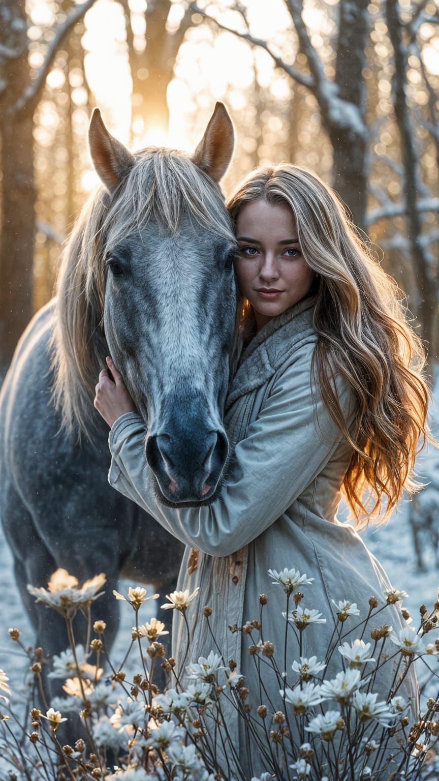 Woman and Horse Embrace in Snowy Forest