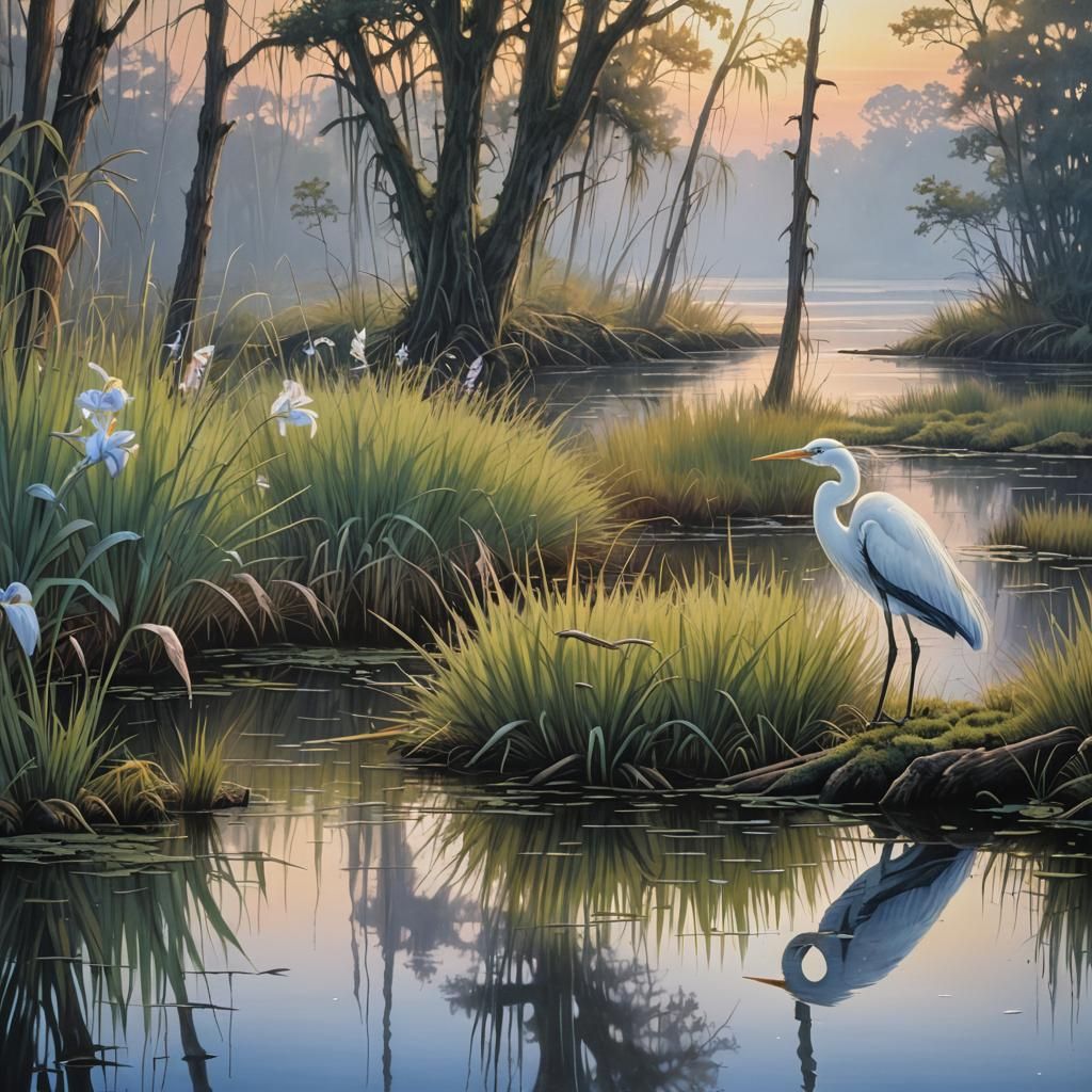 Dawn Waterfront Scene as Airbrush Acrylic Painting