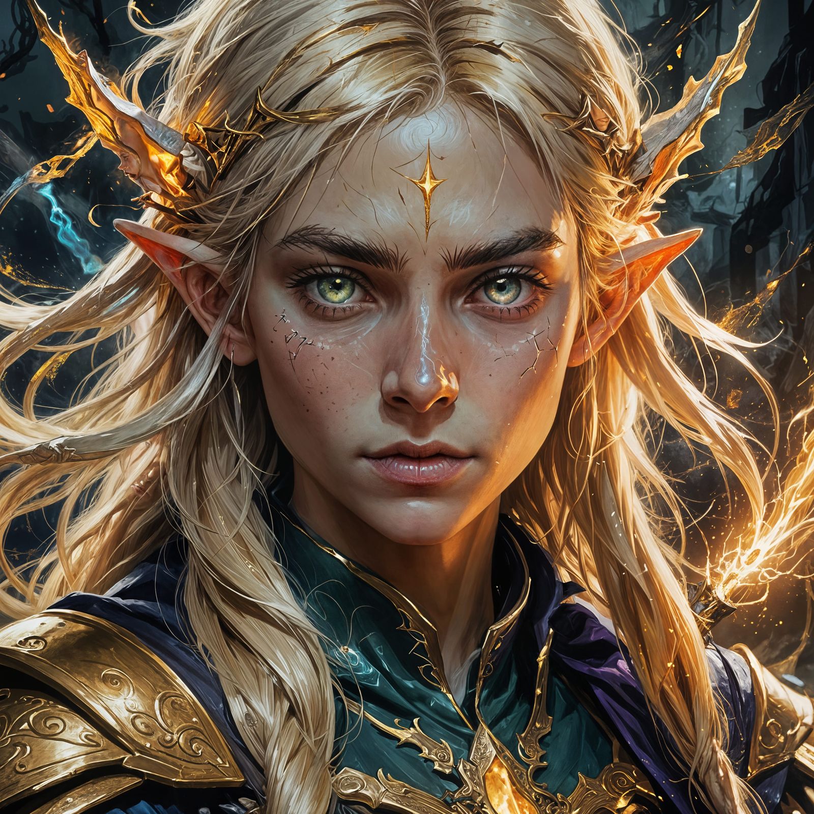 Elf Wizard Casting Magic: Dark Fantasy Oil Painting