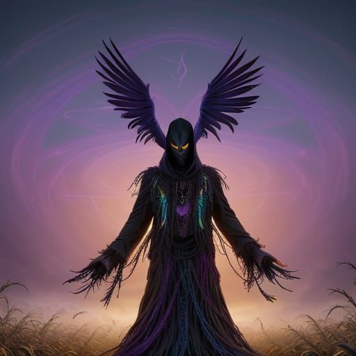 Ethereal Scarecrow Surrounded by Mystical Cornfield in Vibra...