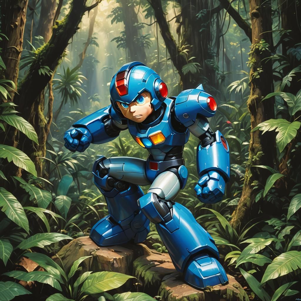 Mega Man in Jungle, Hyperrealistic Digital Art