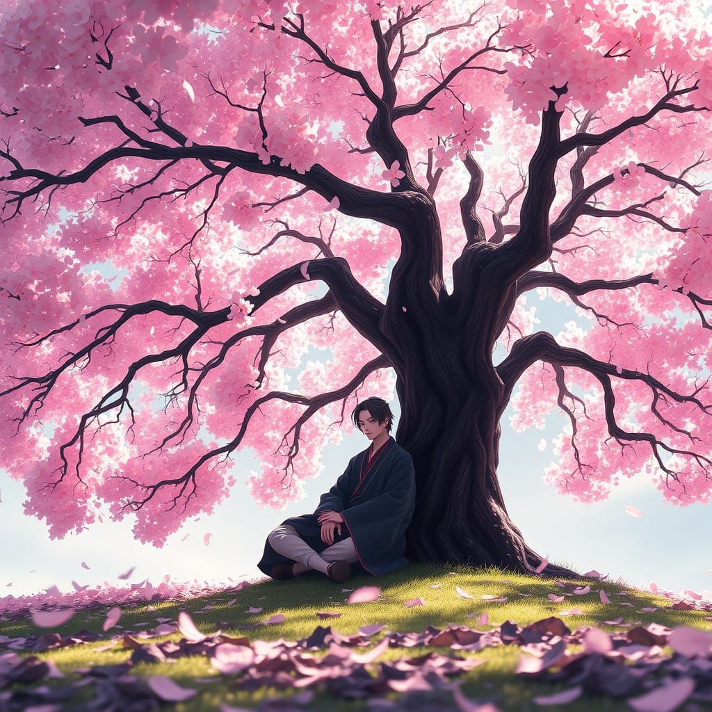 Ronin Under Sakura Tree in Elegant Anime Style