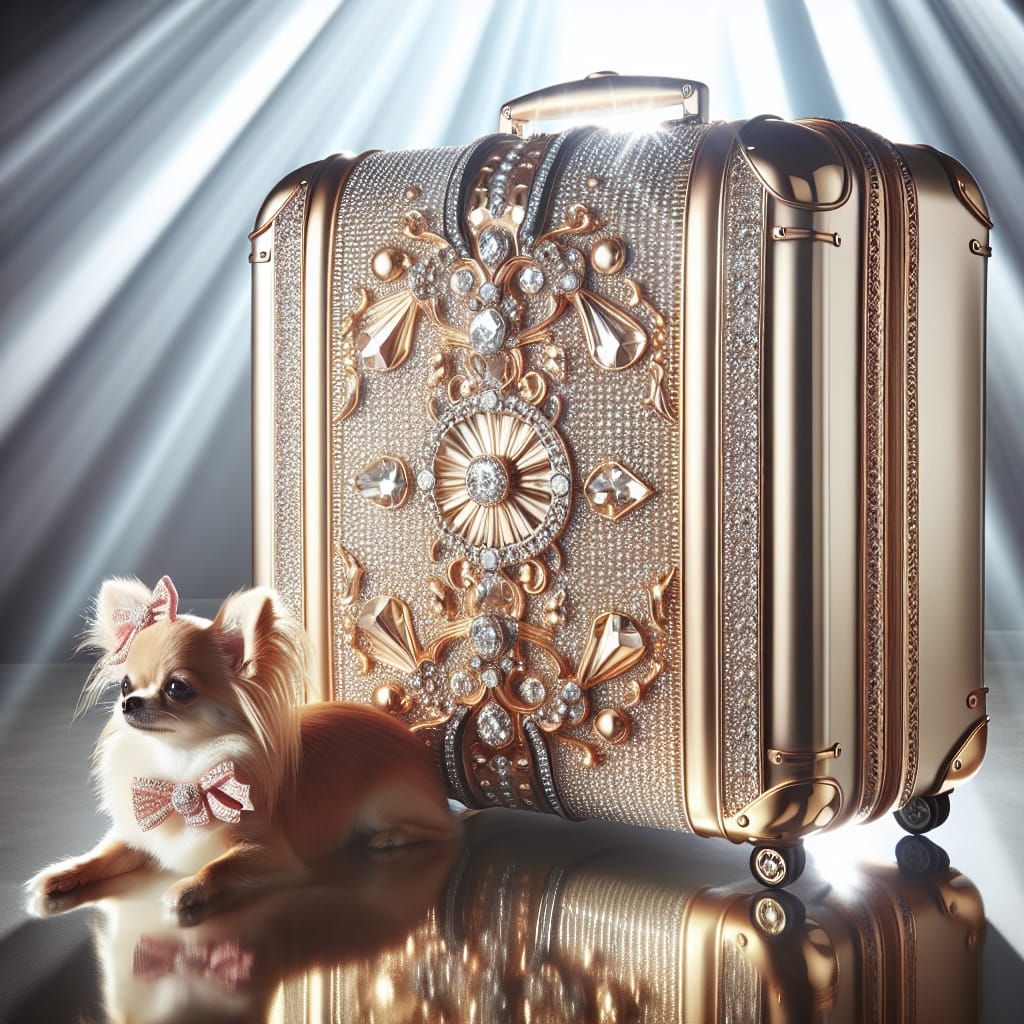 Luxury Suitcase with Diamond Studs and Chihuahua