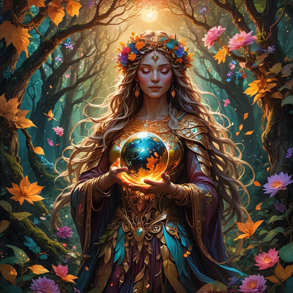 Goddess Holding Earth in Mystical Forest