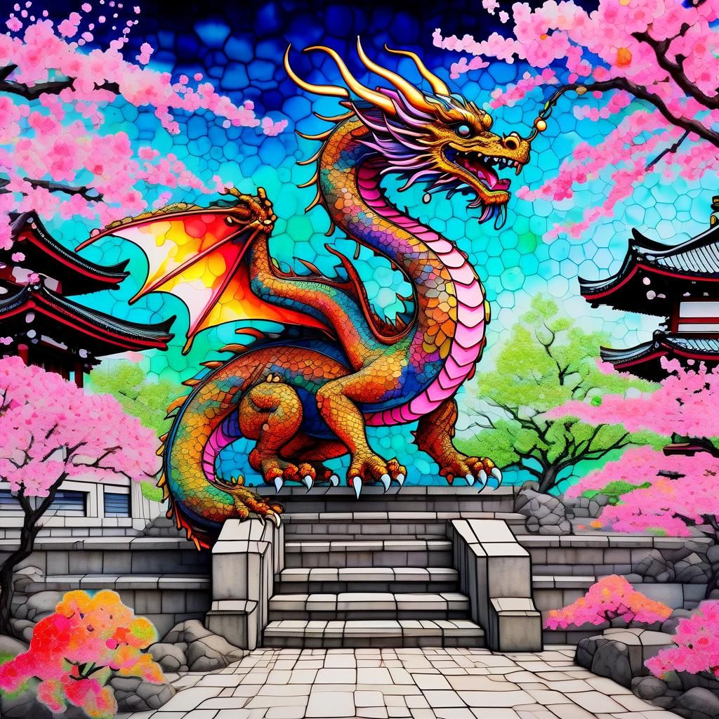 Edo Dragon in Sakura Court: Wireframe Alcohol Ink Art