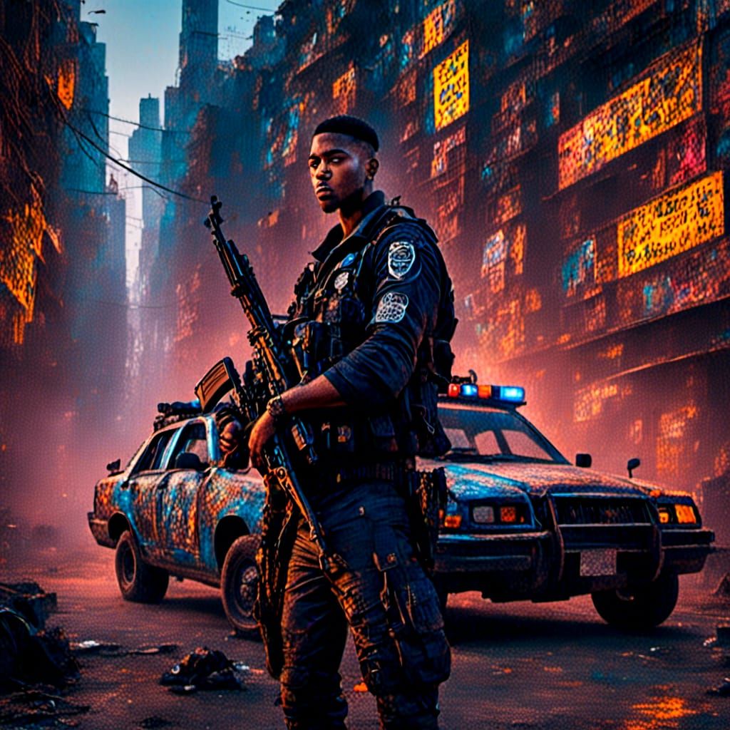 Hyperrealistic Portrait of Policeman in Urban Cityscape