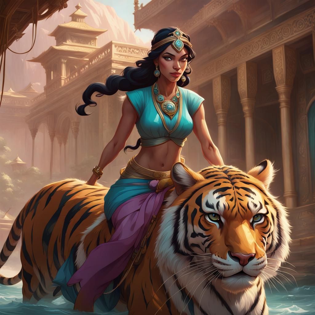 Jasmine on Tiger Portrait in Art Nouveau Style