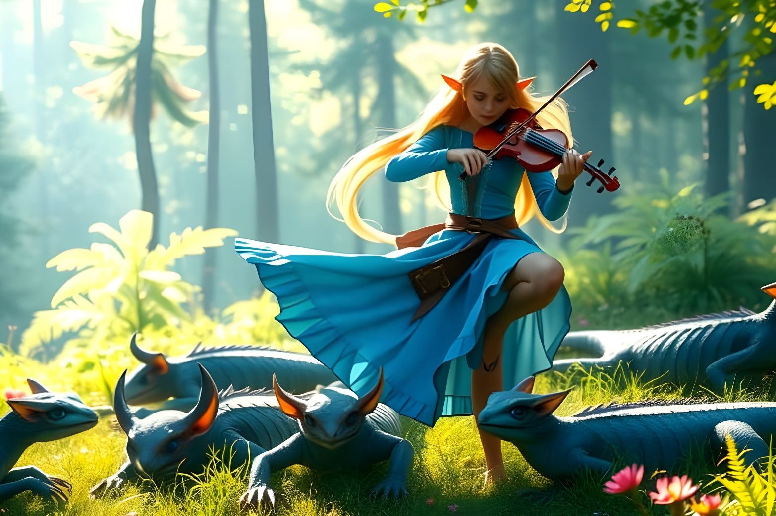 Adult Zelda Enchants with Violin in Whimsical Forest Glade