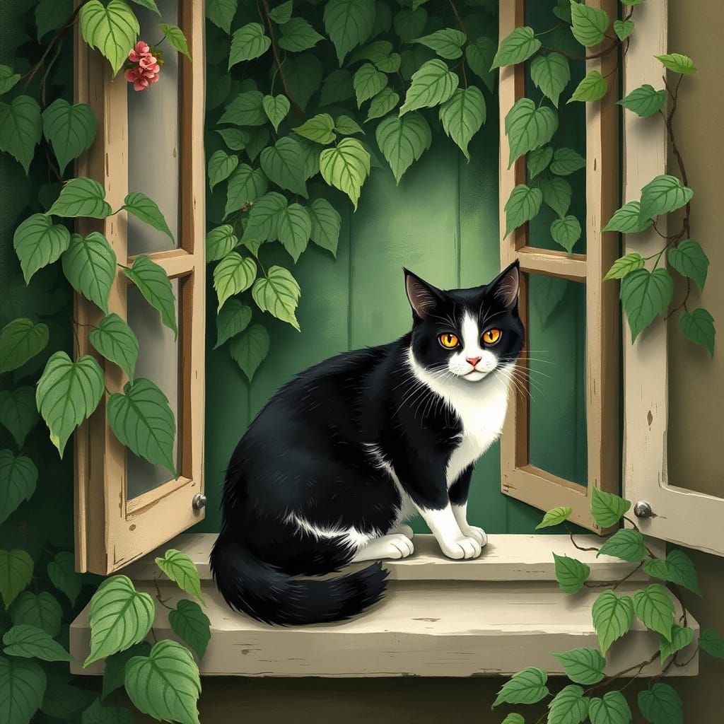 Whimsical Cat Portrait in Lush Green Surroundings