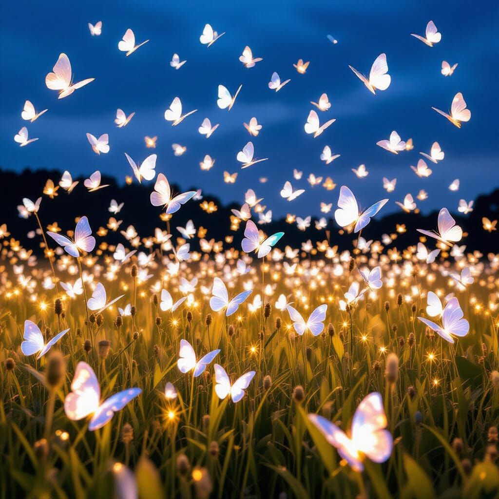 Glass Butterflies Swirling in a Night Field