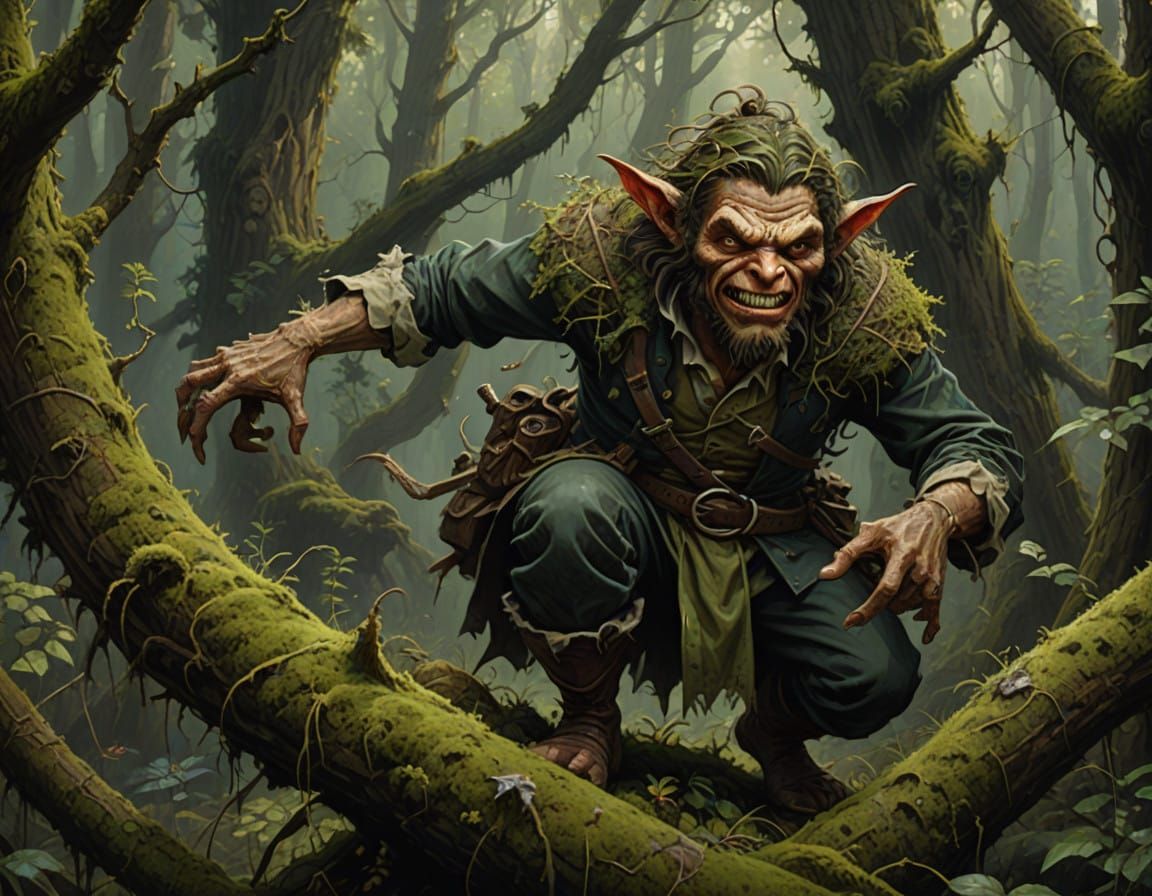 Ancient Forest Goblin Blends into Mossy Treescape in Dark Fa...